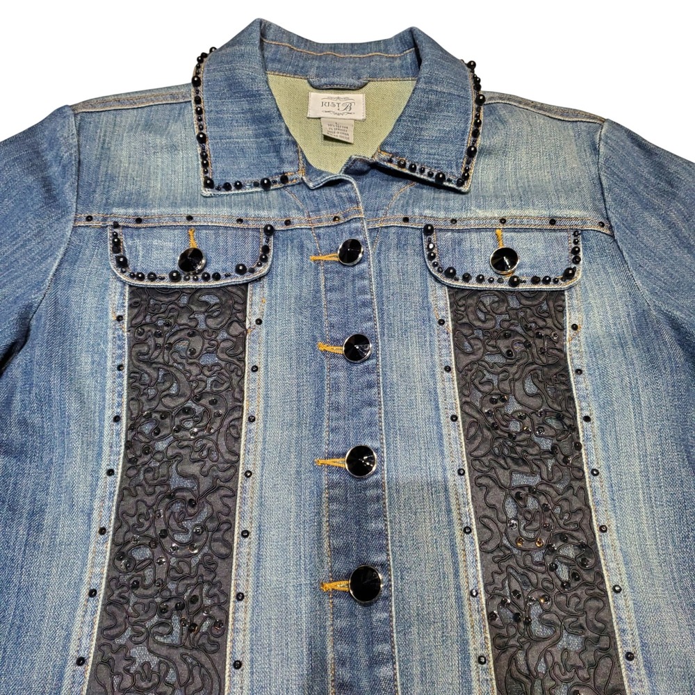 Just B Embellished Denim Jacket Black Lace Beaded Sequin Western Boho Size Large